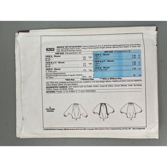 70s McCalls 6203 Misses Blouse Sewing Pattern One Size Fits 8-16 Pullover UNCUT - Picture 3 of 6